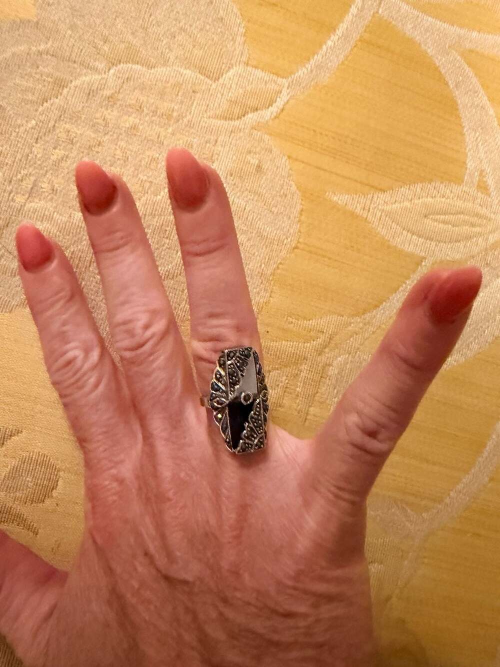 Vintage Art Deco Sterling Silver Marcasite and Onyx Statement Ring